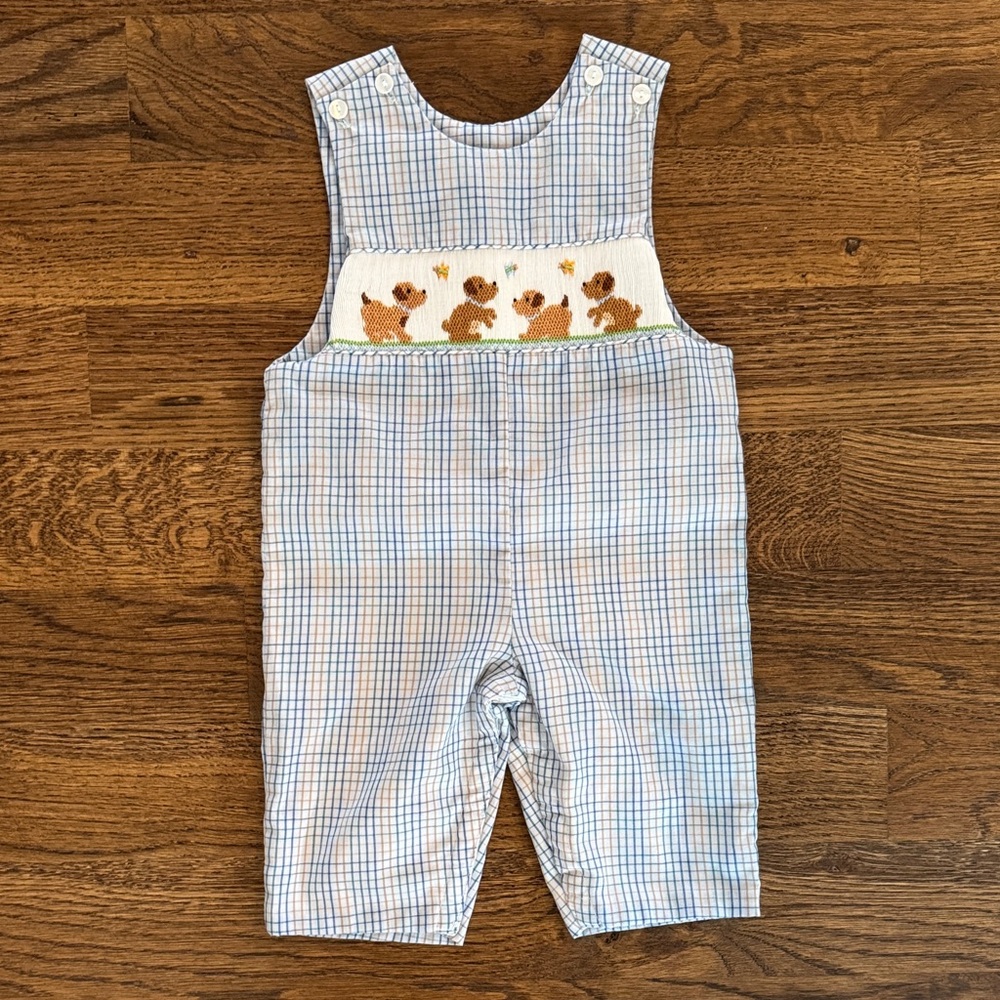 Anavini Smocked Embroidered Puppy Plaid Baby Romper
